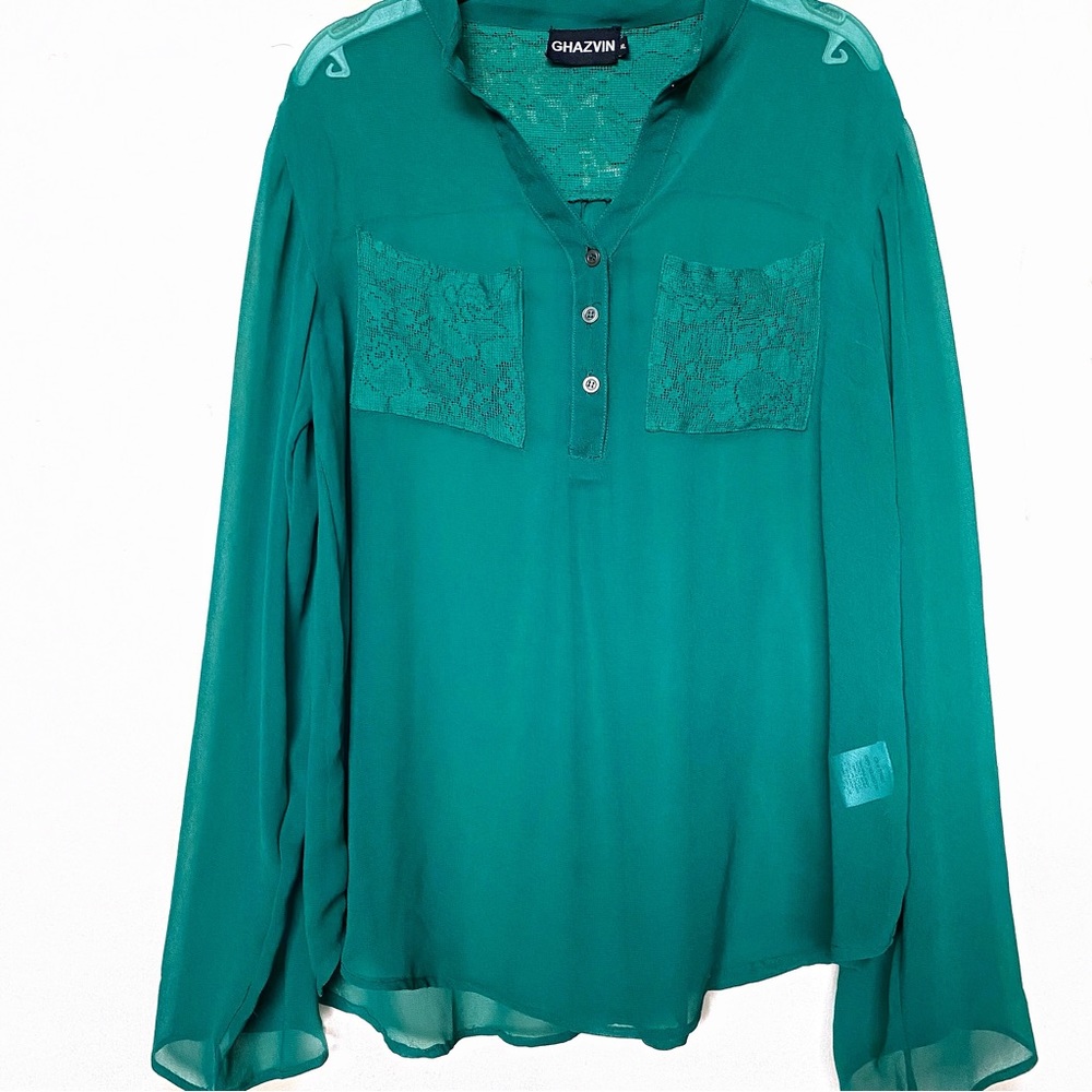 Long Sleeve Sheer Green Blouse with Lace Pockets